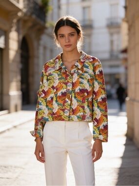 Women's Multicolor Patterned Jacket - Bright Floral Print
